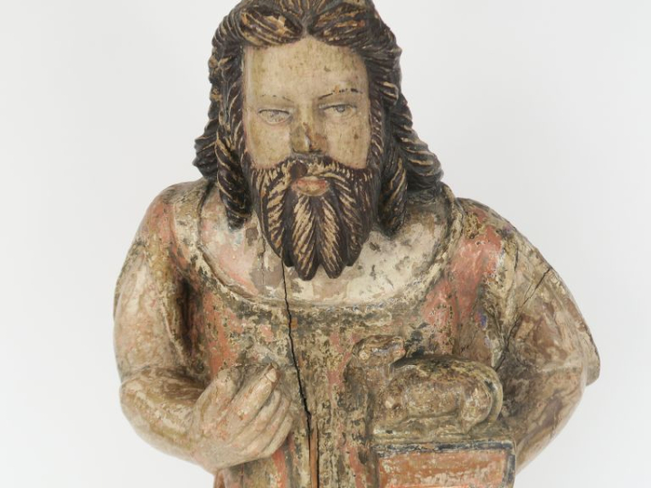 Sculpture XVIIIIème en bois polychrome "Saint personnage en pied". H. 