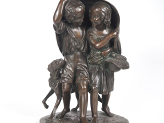 Vente aux enchères C. COMBERWERTH.  "les deux enfants riant avec leur chiens" Groupe en b