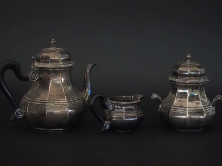 Service à thé de style Louis XVI à pans coupés en argent 925, poinçon 