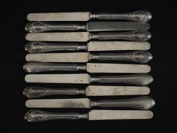Suite de dix couteaux à fruit de style Louis XVI en argent 925 et arge