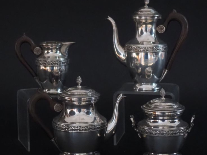 Service à thé et à café égoîtse de style Louis XVI en argent 925, poin