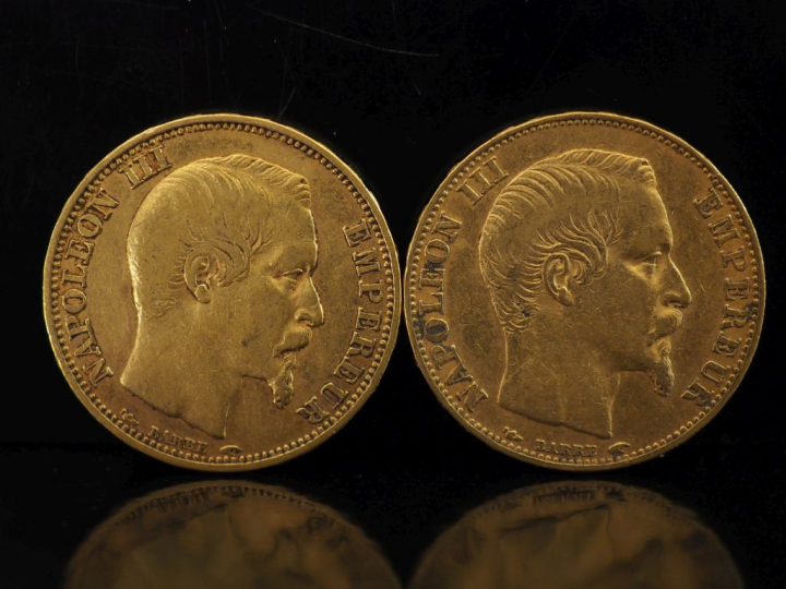 Deux pièces de 20 Francs or, 1853-A et 1854-A.  FRAIS ACHETEURS 10% HT