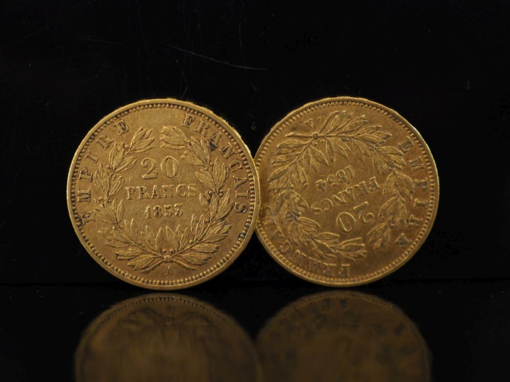 Deux pièces de 20 Francs or, 1853-A et 1854-A.  FRAIS ACHETEURS 10% HT