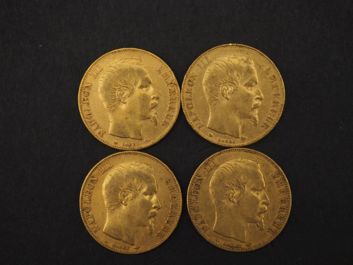 Quatre pièces de 20 Francs or, 1855-A (x2) et 1855-HB (x2).  FRAIS ACH