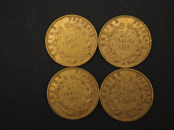 Quatre pièces de 20 Francs or, 1855-A (x2) et 1855-HB (x2).  FRAIS ACH