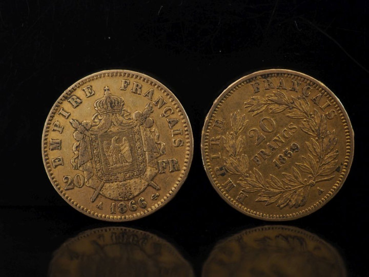 Deux pièces de 20 Francs or, 1859-A et 1866-A.  FRAIS ACHETEURS 10% HT