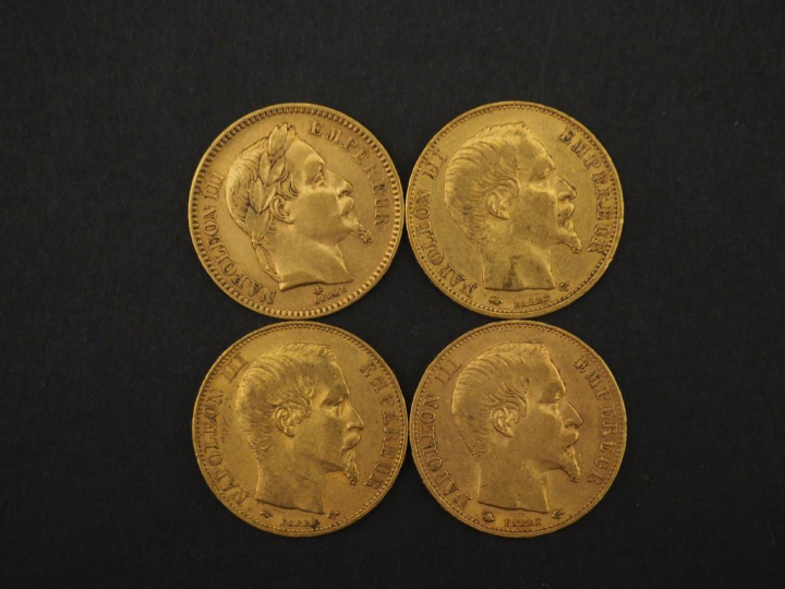 Quatre pièces de 20 Francs or, 1859-A, 1860-HB, 1860-A et 1863-A.  FRA