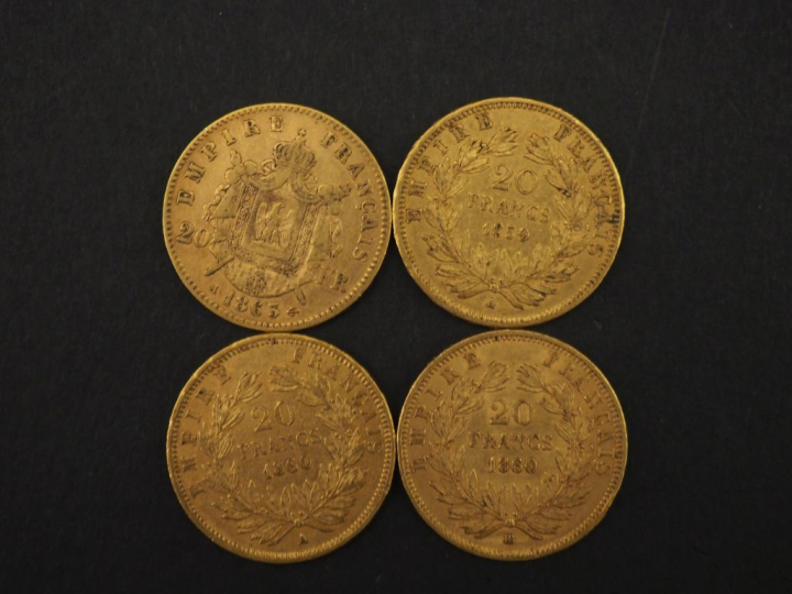 Quatre pièces de 20 Francs or, 1859-A, 1860-HB, 1860-A et 1863-A.  FRA