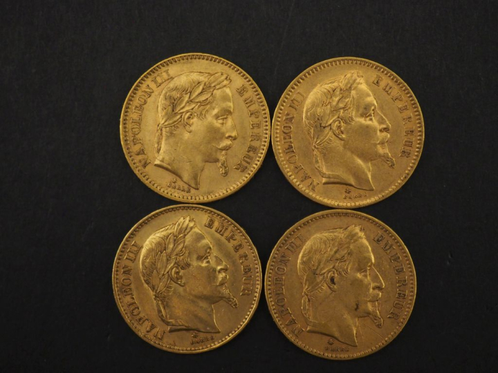 Quatre pièces de 20 Francs or, 1864-A, 1865-A, 1867-A et 1869-A.  FRAI