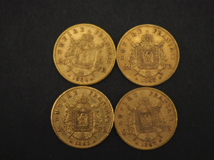 Quatre pièces de 20 Francs or, 1864-A, 1865-A, 1867-A et 1869-A.  FRAI
