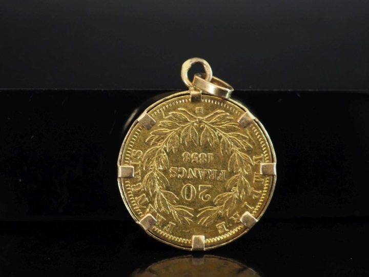 Pendentif en or jaune 750, serti en son centre d'une pièce de 20 Franc