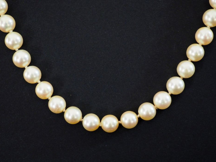 Sautoir de perles de cutlure blanches.  Long. 80,5 cm (manque le fermo