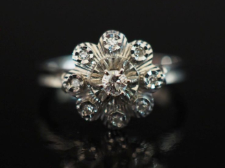 Vente aux enchères Bague en or blanc 750, à décor d'une fleur sertie de petits diamants. 