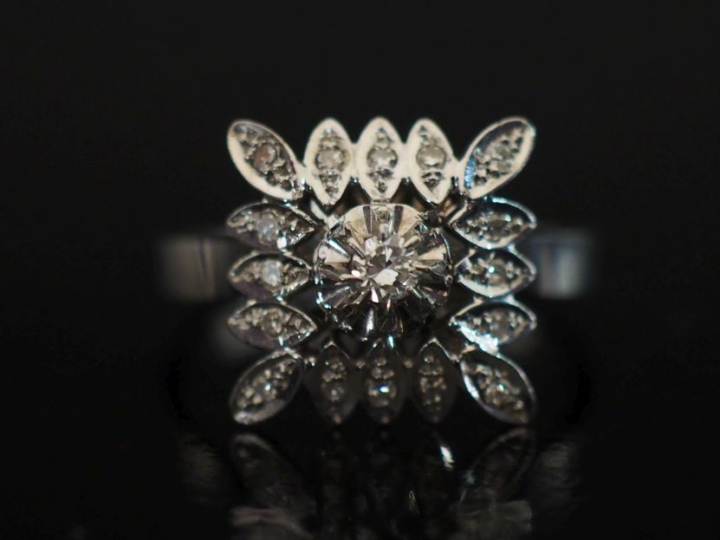 Bague à section carrée en or blanc 750, sertie en son centre d'un diam
