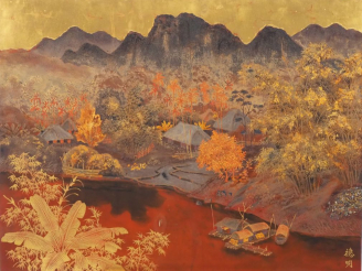 Vente aux enchères DUC MINH (mort en 1964) Panneau en laque à décor en rouge, brun, or d'