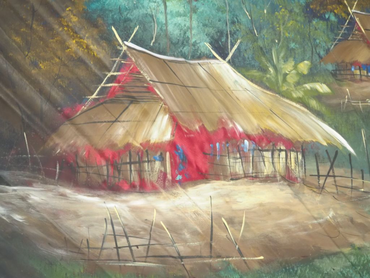 Indochine, vers 1930, Gouache sur éventail à décor polychrome de paysa