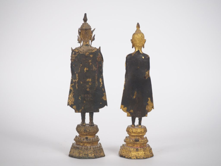 Rattanakosin, fin XIXe siècle,  Deux statuettes en bronze doré représe