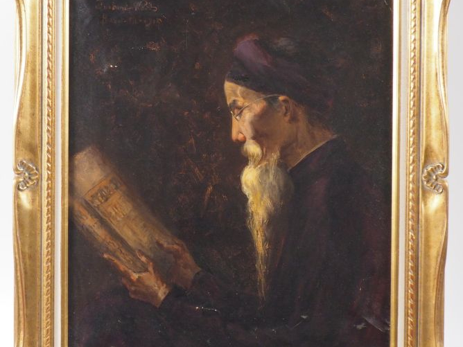 Ecole indochinoise.  "portrait d'intellectuel".  Huile sur toile, sign