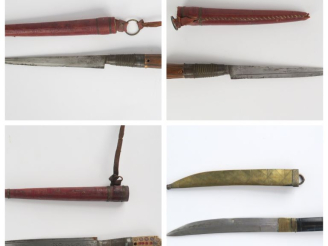 Vente aux enchères Quatre couteaux africains.  Lames à dos. Fourreaux en cuir et un en la