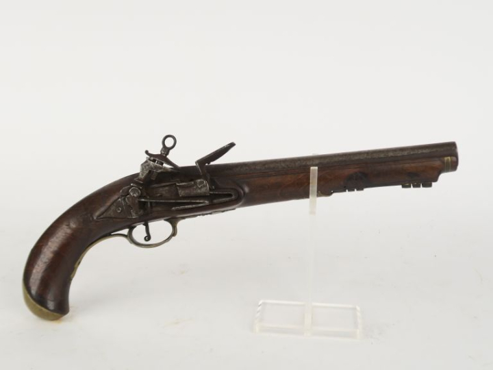 Pistolet à silex d’officier espagnol.  Canon rond à pans au tonnerre. 