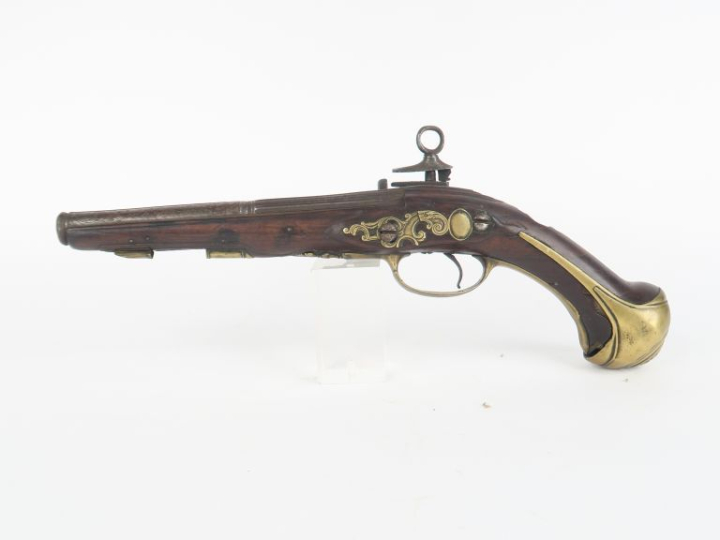 Pistolet d’officier espagnol à silex.  Canon rond à bourrelet à la bou
