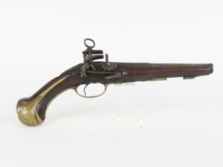 Pistolet d’officier espagnol à silex.  Canon rond à bourrelet à la bou