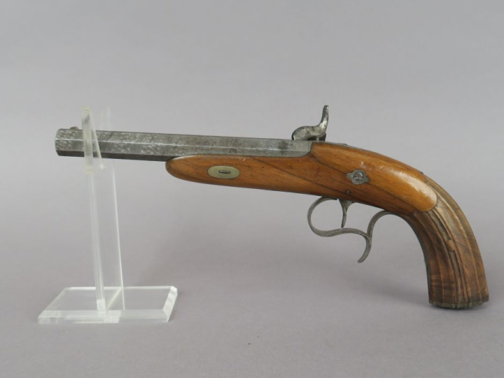 Pistolet à percussion, d’officier.  Canon à pans, damas « laminette do
