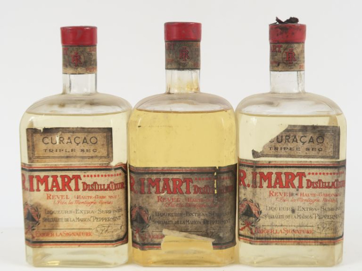 3 VIELLES BOUTEILLES LIQUEURS R. IMART : 2 CURACAO 1 CAPS AB - 1 SE