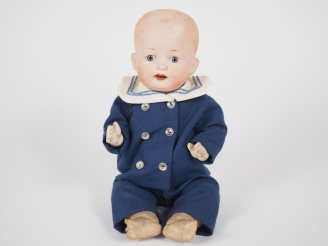 Vente aux enchères Bébé de caractère allemand tête porcelaine bouche ouverte yeux fixes b