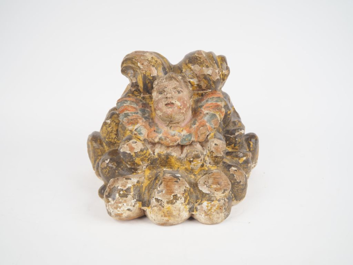 Chapiteau ou sellette XVIIIème en bois sculpté et polychrome à décor d