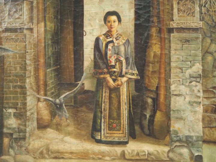 Paravent de style Extreme-Orient à trois brins à décor de jeune femme 