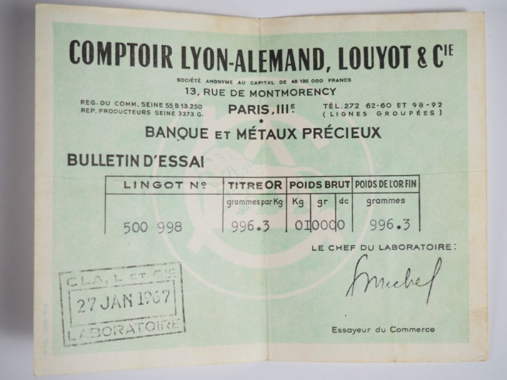 Lingot d'or  Titre : 996,3 g numéroté 500998 Avec son certificat   