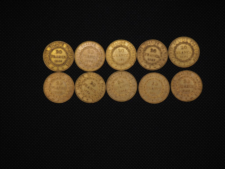10 pièces de 20 Francs or : 1849, 1896, 1896, 1891, 1894, 1878, 1896, 
