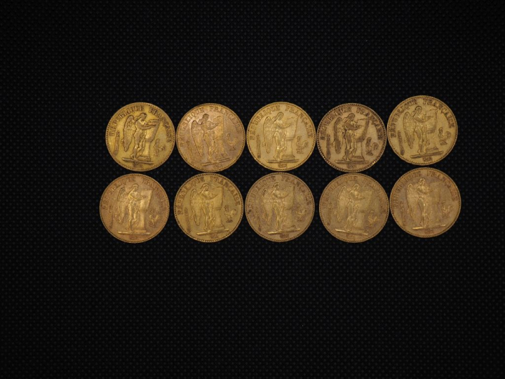 10 pièces de 20 Francs or : 1849, 1896, 1896, 1891, 1894, 1878, 1896, 