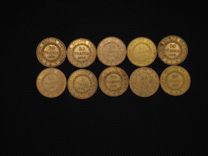 10 pièces de 20 Francs or : 1877, 1893, 1876, 1875, 1897, 1876, 1877, 
