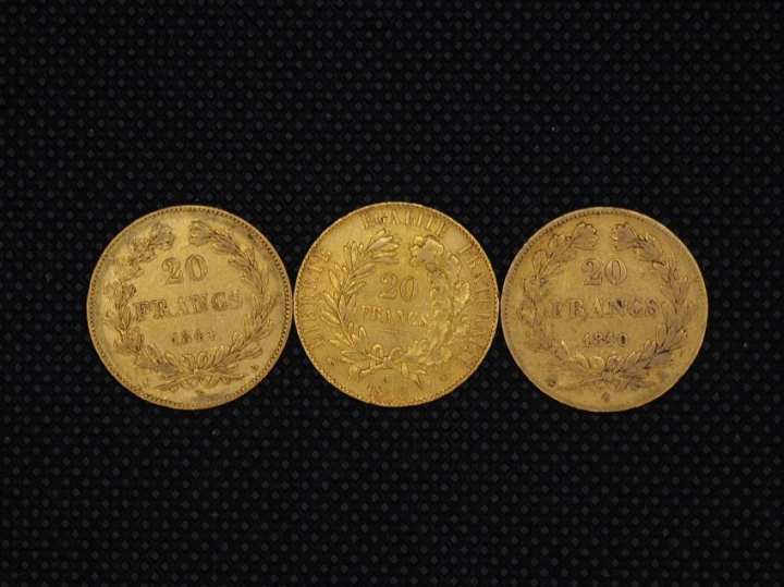 3 pièces de 20 Francs or : 1844, 1840, 1850   