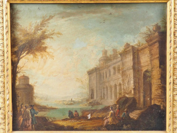 VAN DER SLUYS. "Port animé dans un paysage d'architecture". Huile sur 