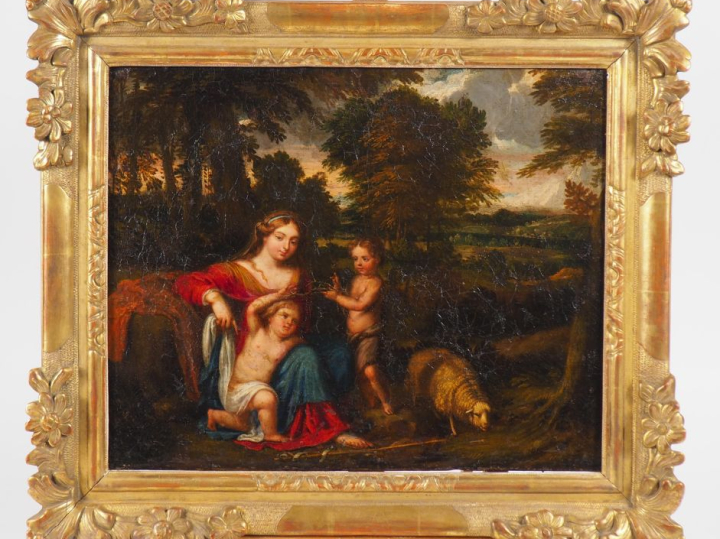 Ecole XVIIIème.  "la Vierge, St Jean Baptiste et l'Enfant Jésus" Huile