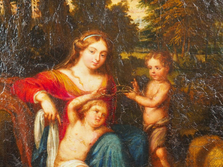 Ecole XVIIIème.  "la Vierge, St Jean Baptiste et l'Enfant Jésus" Huile