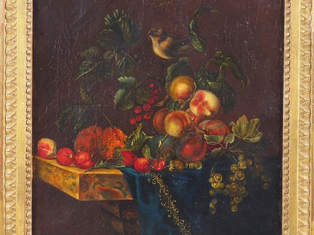 Ecole française XVIIIème. "Nature morte aux raisins, aux pêches et aux