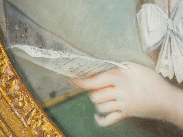 Ecole française XVIIIème. "Portrait de dame à la lecture". Pastel. Dim