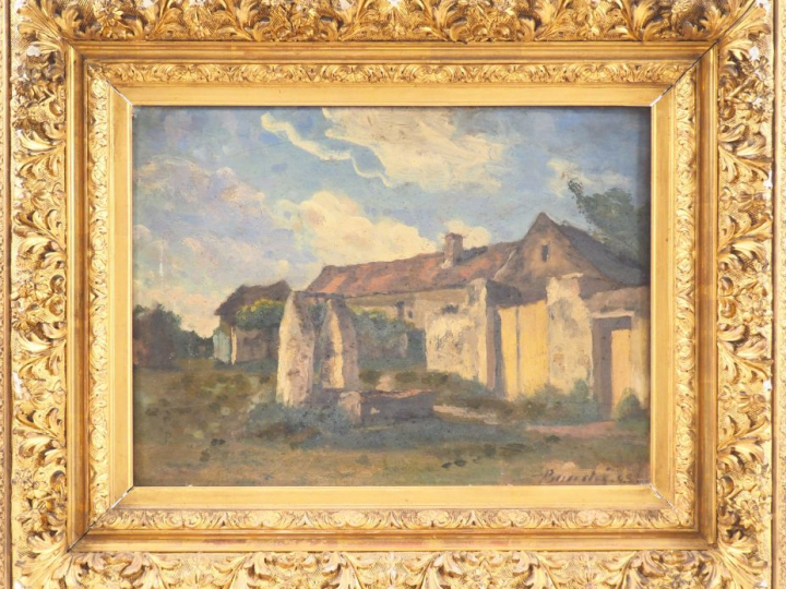 Ecole française fin XIXème.  "Cour de ferme". Huile sur panneau signée