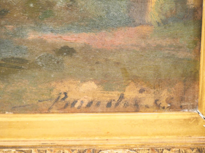 Ecole française fin XIXème.  "Cour de ferme". Huile sur panneau signée