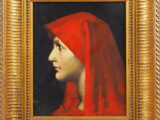 Vente aux enchères Ecole française début XXème. "Portrait de femme à la tunique rouge". H
