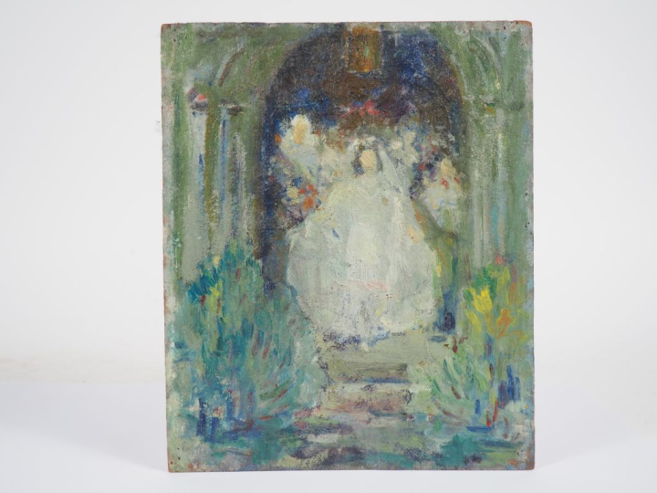 Ecole française XXème. "La sortie de la mariée". Huile sur panneau. Di