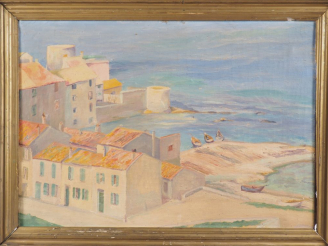 Vente aux enchères Ecole française XXème.  "village catalan en bord de mer"  Huile sur to