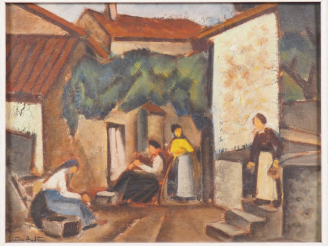Vente aux enchères Lucien ANDRIEU.  "les commères de Bruniquel" Huile sur panneau, signée