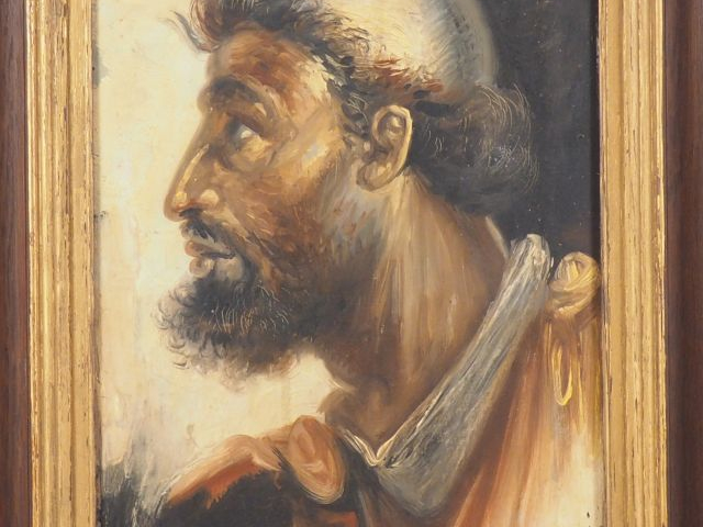 BERLINGIERI.  "portrait d'apôtre" Huile sur carton, signée en bas à dr