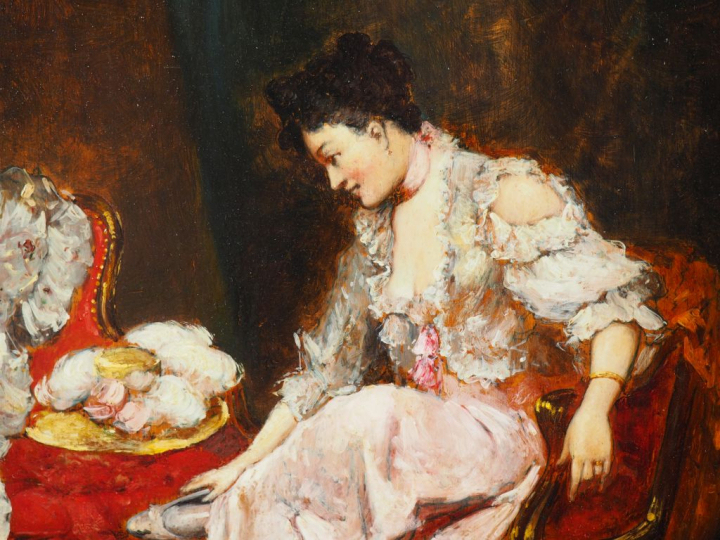 J. BOLZONI.  "Elégante se chaussant" Huile sur panneau, signée en bas 