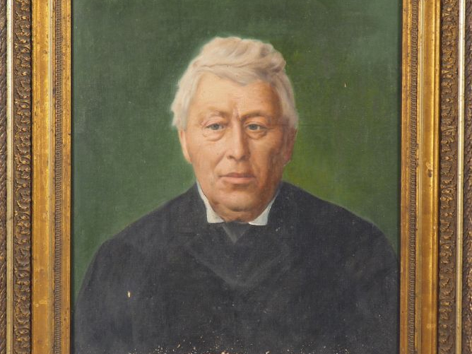 BRUNET. "Portrait d'homme sur fond vert". Huile sur toile, signée en b